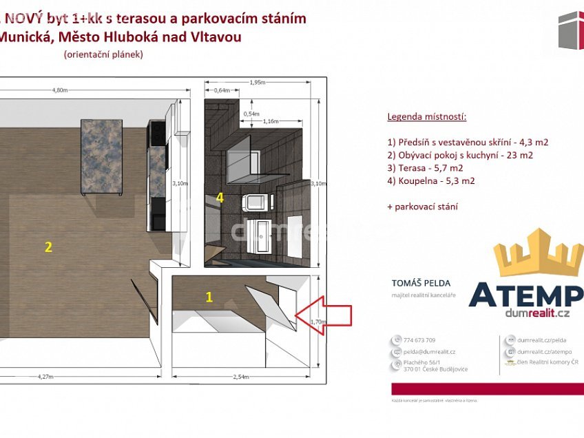 Pronájem bytu 1+kk 38 m^2 Munická, Hluboká nad Vltavou 