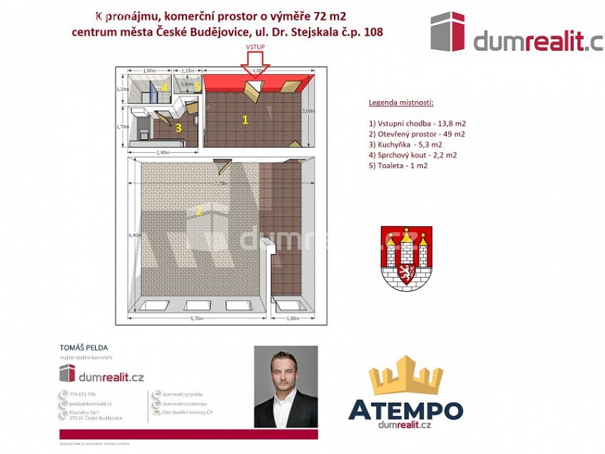 Pronájem  komerční reality 72 m^2 Dr. Stejskala, České Budějovice 