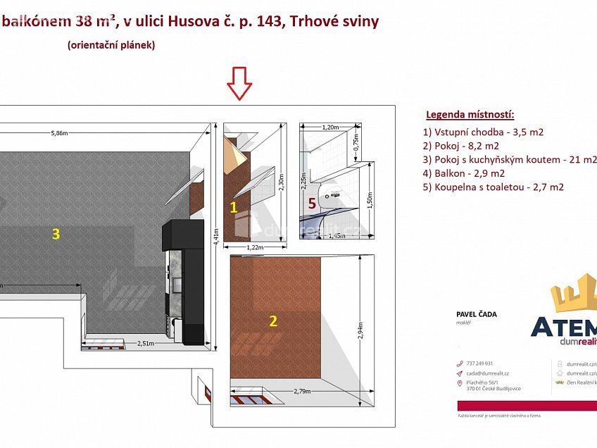 Pronájem bytu 2+kk 38 m^2 Husova, Trhové Sviny 