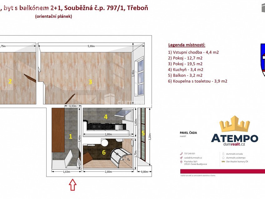 Pronájem bytu 2+1 47 m^2 Souběžná, Třeboň 