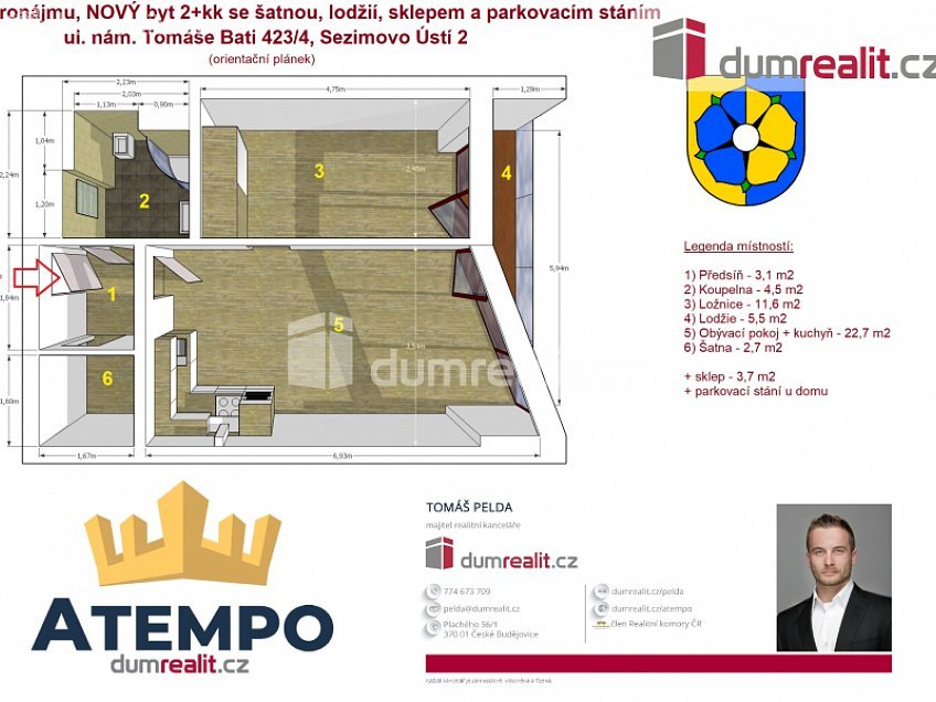 Pronájem bytu 2+kk 54 m^2 náměstí Tomáše Bati, Sezimovo Ústí 